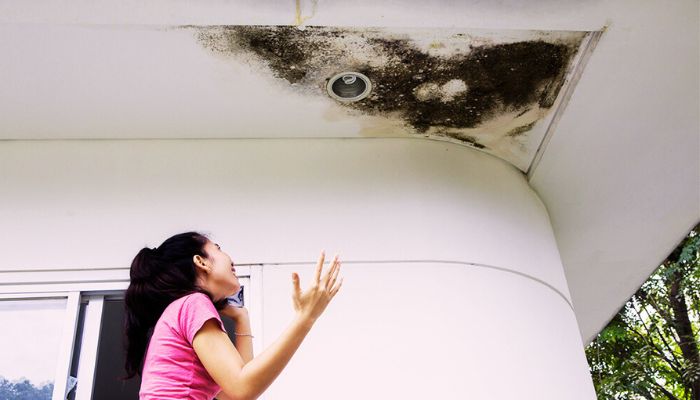 girl trying to complain about water leaking from the roof