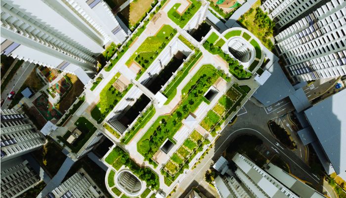 Building with green plant roof in the middle of tall building.