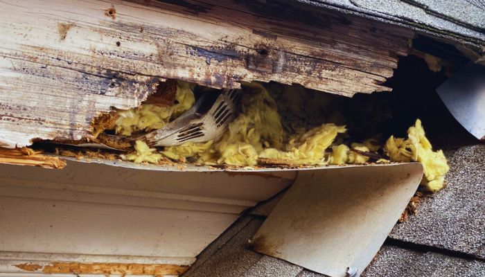 Damage roof with animal nest 