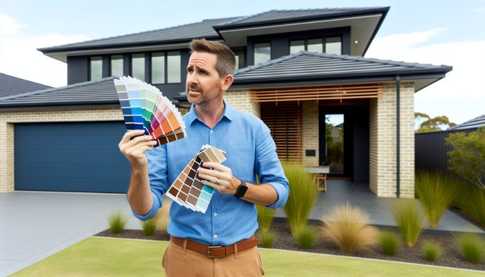 man holding color chart in front of the house 