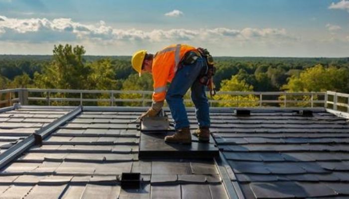 Professional worker working on roof , Pov from behind with safety gears